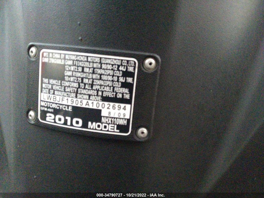 2010 HONDA NHX110 LWBJF1905A1002694