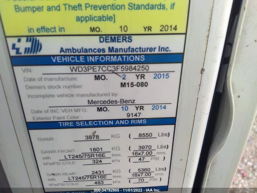 2015 MERCEDES-BENZ SPRINTER CARGO VANS WD3PE7CC3F5984250