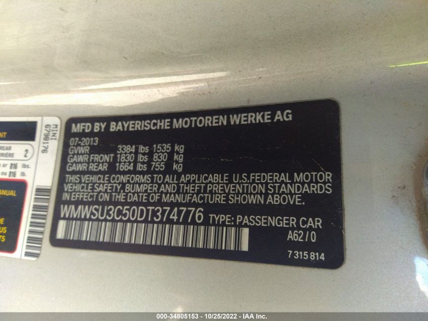 2013 MINI COOPER HARDTOP WMWSU3C50DT374776