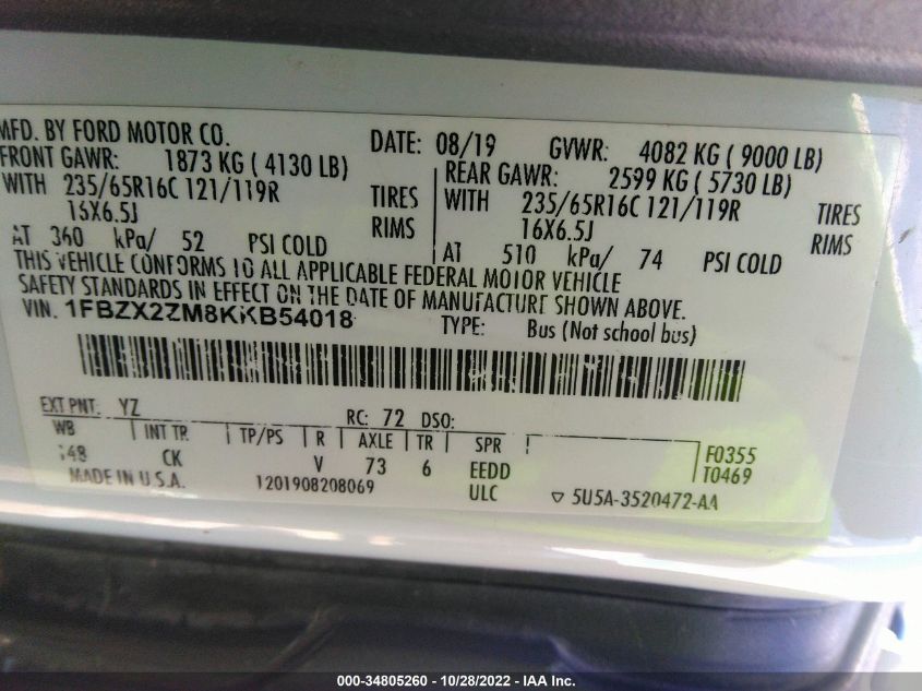 2019 FORD TRANSIT PASSENGER WAGON XL/XLT 1FBZX2ZM8KKB54018