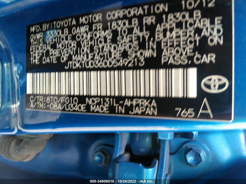 2013 TOYOTA YARIS L/LE/SE JTDKTUD36DD549213