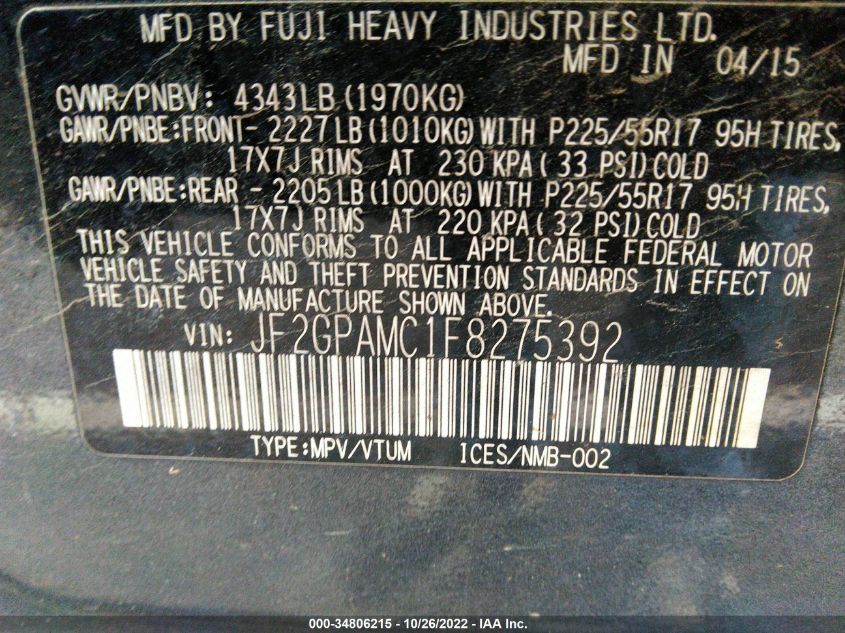 2015 SUBARU XV CROSSTREK LIMITED JF2GPAMC1F8275392
