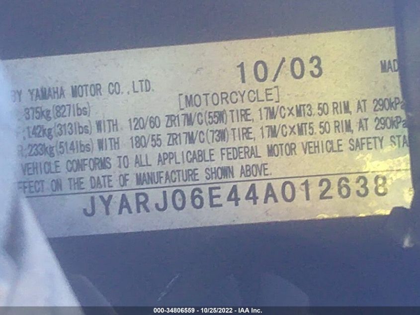 2004 YAMAHA YZFR6 L JYARJ06E44A012638