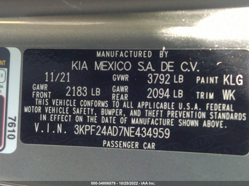 VIN 3KPF24AD7NE434959 2022 KIA FORTE LXS