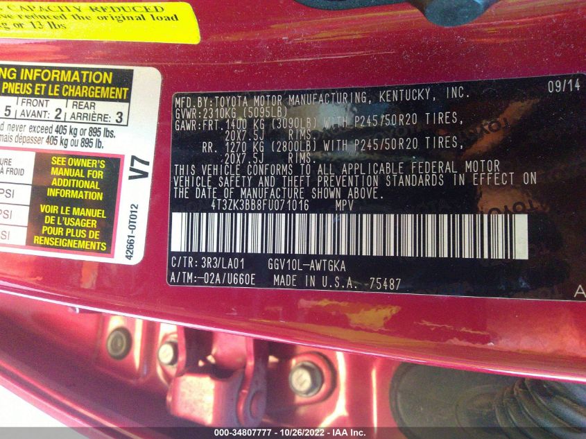 2015 TOYOTA VENZA XLE 4T3ZK3BB8FU071016