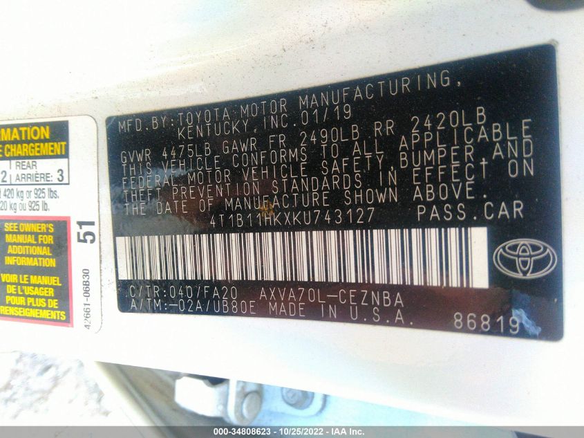 2019 TOYOTA CAMRY LE/SE/XLE/L - 4T1B11HKXKU743127