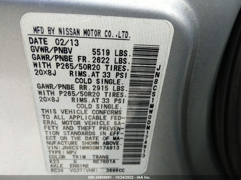 2013 INFINITI FX37 JN8CS1MW0DM174813