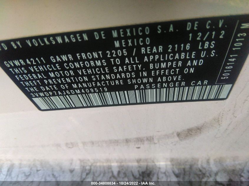 2013 VOLKSWAGEN JETTA SEDAN SE W/CONVENIENCE/SUNROOF 3VWDP7AJ6DM409519