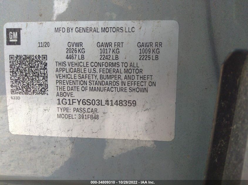 2020 CHEVROLET BOLT EV LT 1G1FY6S03L4148359
