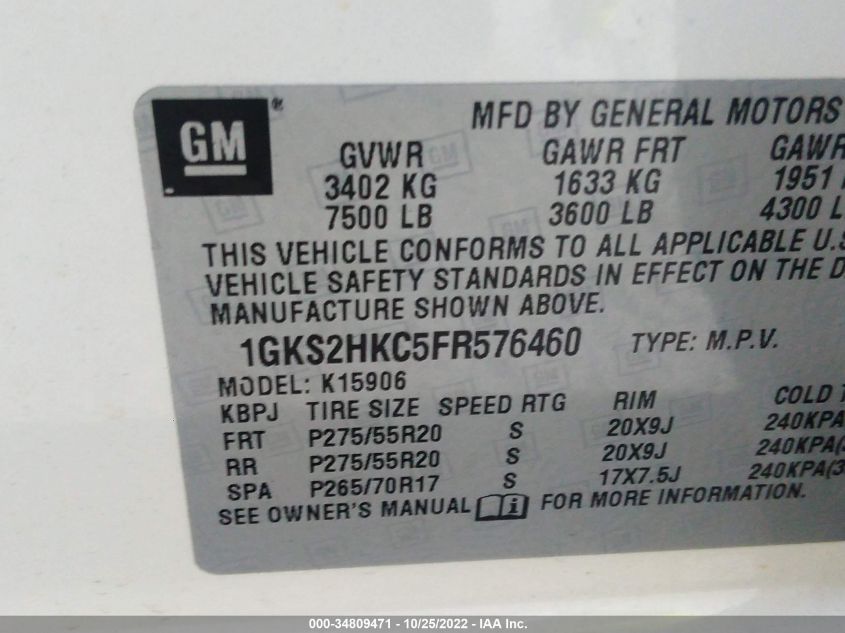 2015 GMC YUKON XL SLT 1GKS2HKC5FR576460