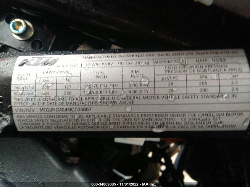 2022 KTM 200 DUKE MD2JPC404NC035667