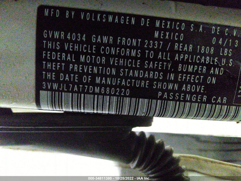 2013 VOLKSWAGEN BEETLE 2.0L TDI 3VWJL7AT7DM680220
