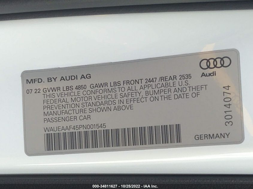 2023 AUDI A4 SEDAN S LINE PREMIUM PLUS WAUEAAF45PN001545
