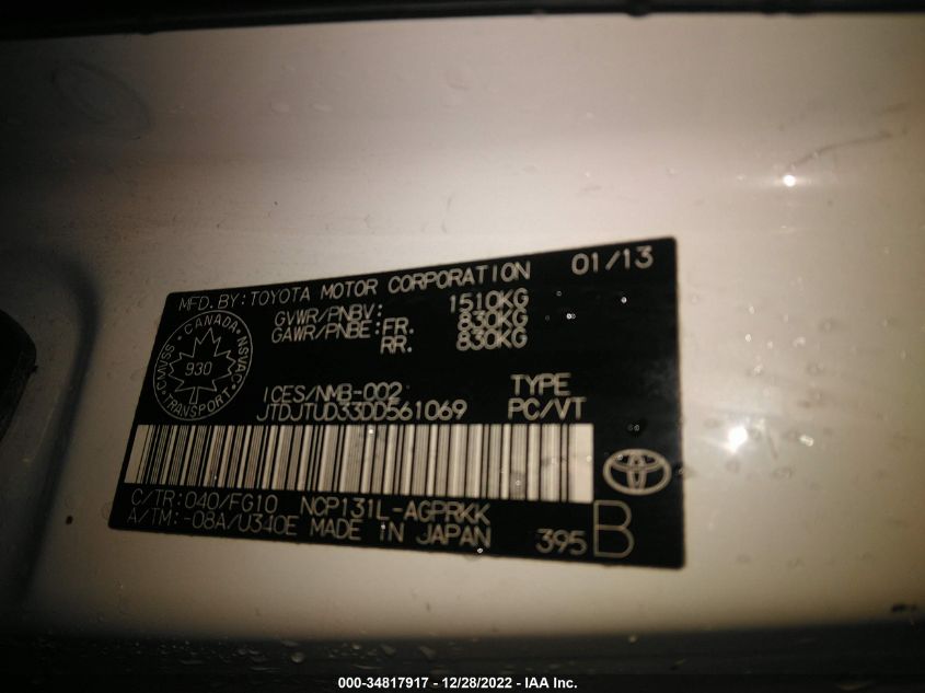 2013 TOYOTA YARIS 00DJTUD33DD561069