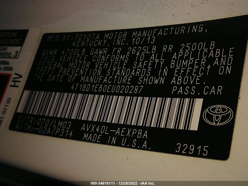 2014 TOYOTA AVALON HYBRID LIMITED/XLE TOURING 001BD1EB0EU020287