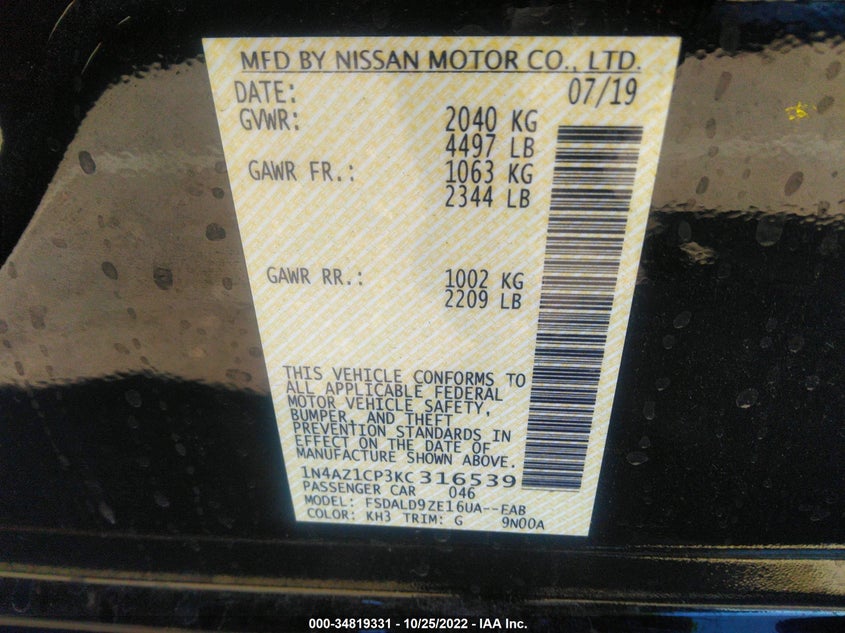 VIN 1N4AZ1CP3KC316539 2019 NISSAN LEAF SV