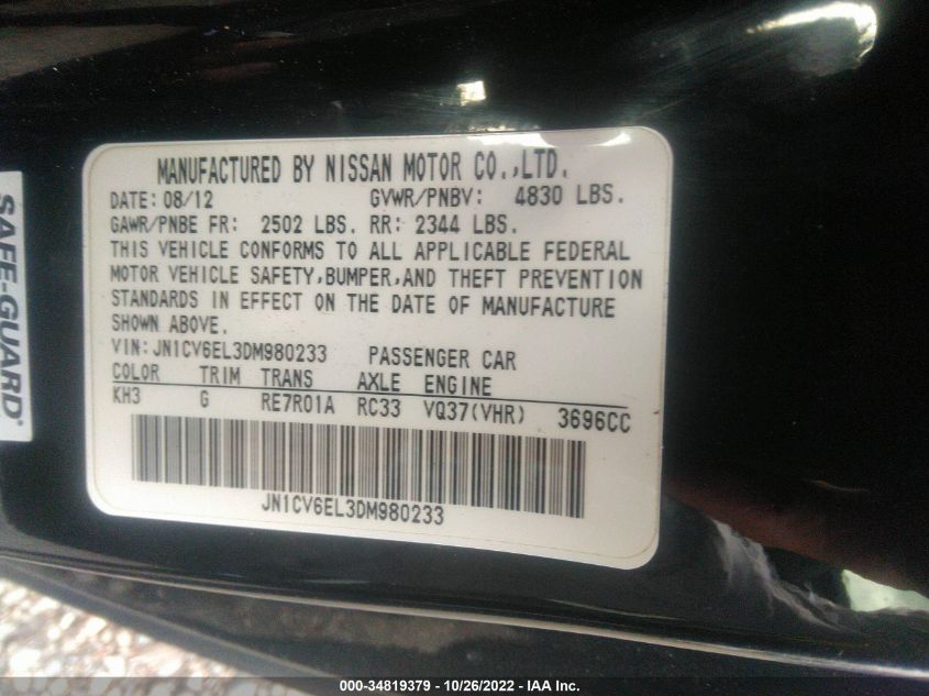2013 INFINITI G37 COUPE X JN1CV6EL3DM980233