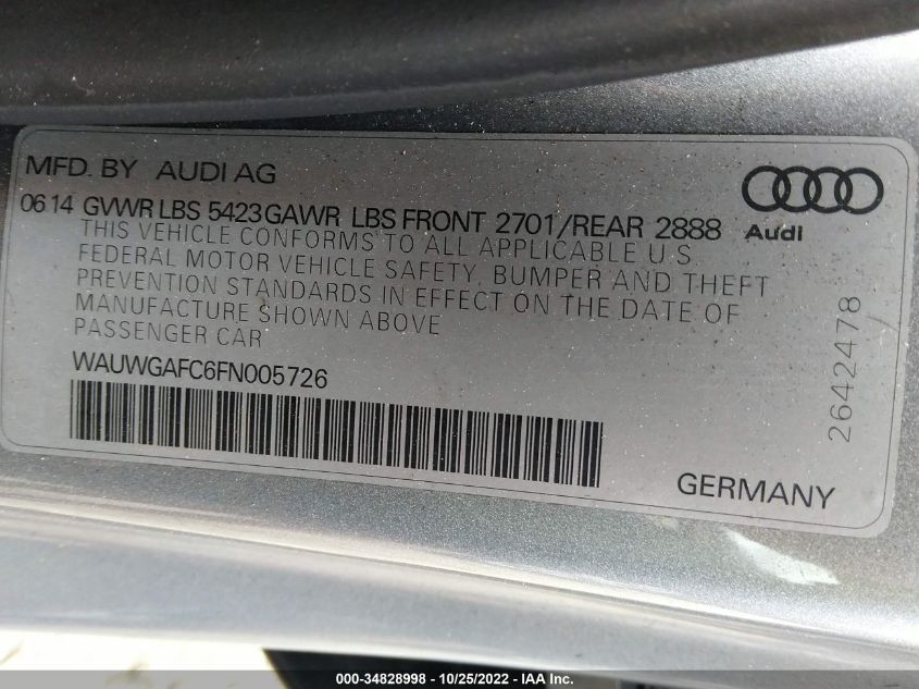 2015 AUDI A7 3.0 PREMIUM PLUS WAUWGAFC6FN005726