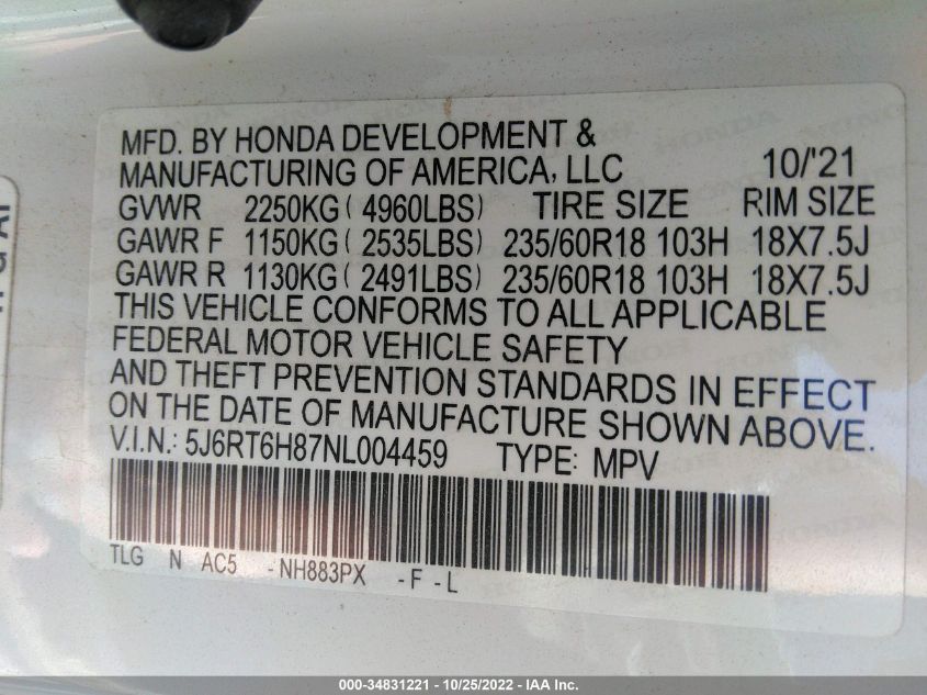 2022 HONDA CR-V HYBRID EX-L - 5J6RT6H87NL004459