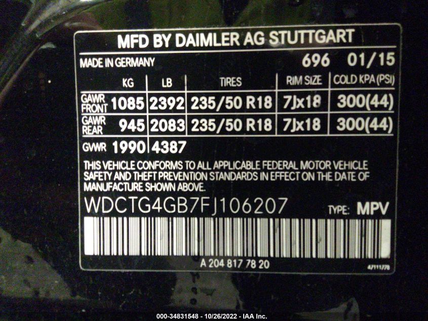 2015 MERCEDES-BENZ GLA-CLASS GLA 250 WDCTG4GB7FJ106207