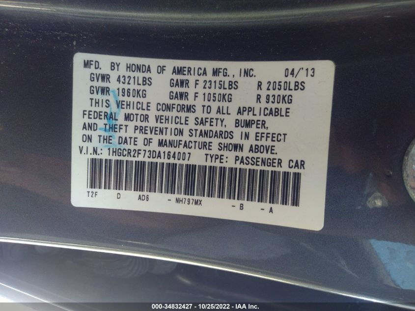 2013 HONDA ACCORD SDN EX 1HGCR2F73DA164007