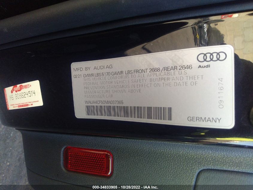 2021 AUDI S5 SPORTBACK PREMIUM WAUA4CF50MA037365