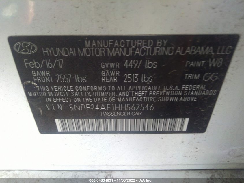 VIN 5NPE24AF1HH562546 2017 HYUNDAI SONATA 2.4L