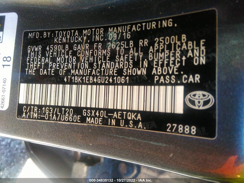 Image 9 of 2016 TOYOTA AVALON  salvage vehicle - Lot #34835132 at IAAI