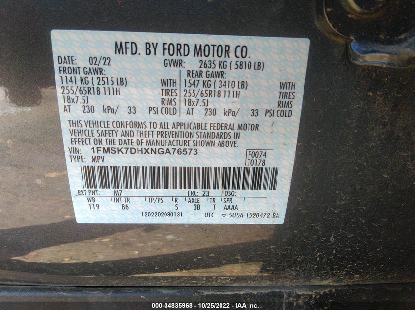 VIN 1FMSK7DHXNGA76573 2022 FORD EXPLORER XLT