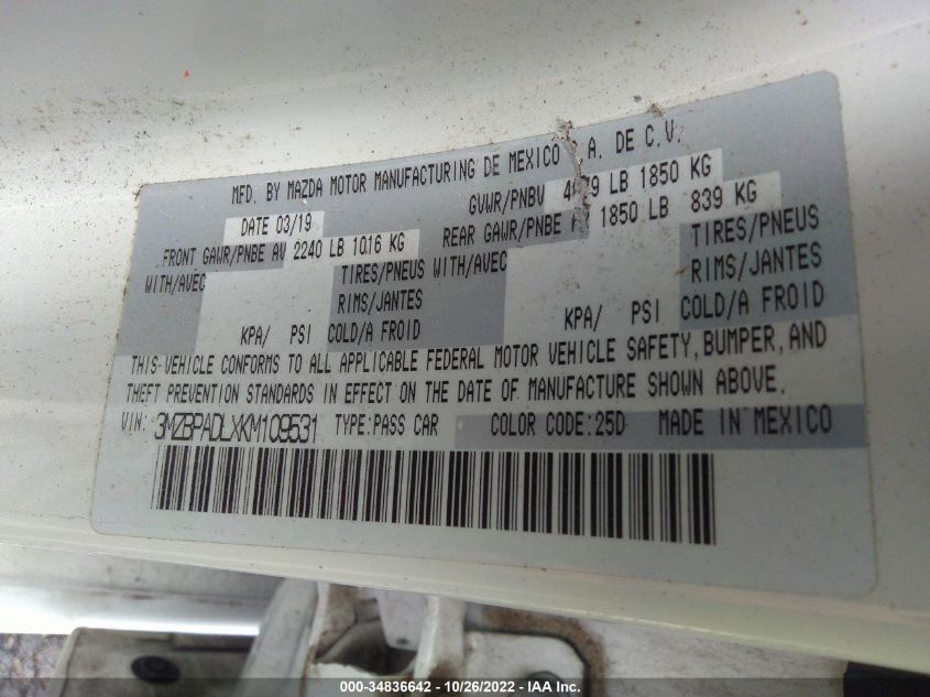 2019 MAZDA MAZDA3 SEDAN W/PREFERRED PKG 3MZBPADLXKM109531