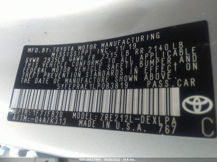 VIN 5YFEPRAE1LP083819 2020 TOYOTA COROLLA LE