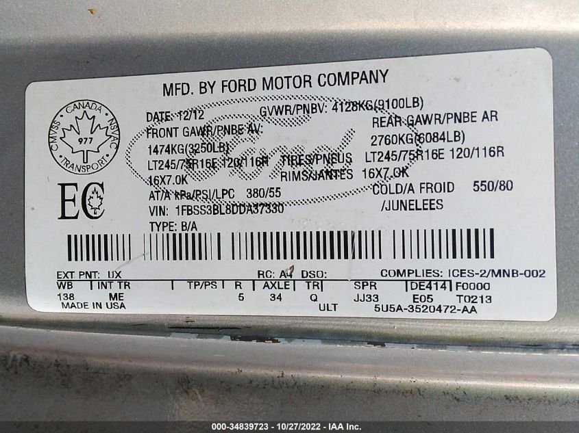 2013 FORD ECONOLINE WAGON XL/XLT 1FBSS3BL8DDA37330