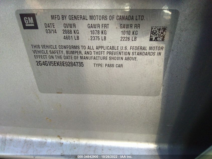 2014 BUICK REGAL 2G4GV5EK6E9284735