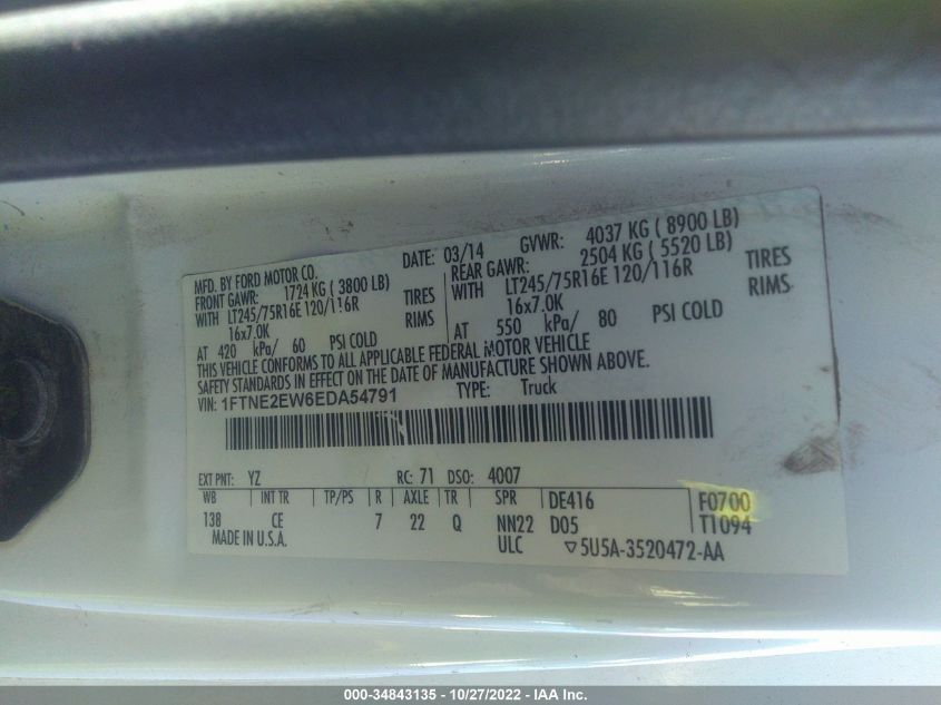 2014 FORD ECONOLINE CARGO VAN COMMERCIAL/RECREATIONAL 1FTNE2EW6EDA54791