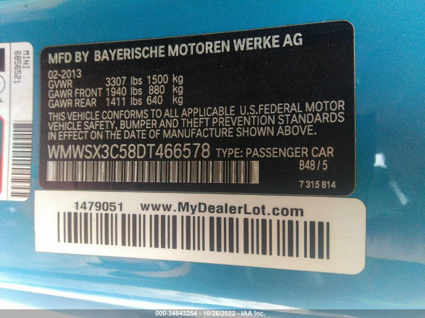 2013 MINI COOPER COUPE S WMWSX3C58DT466578