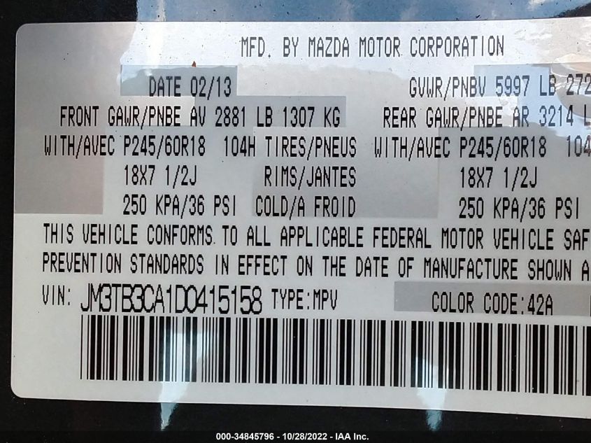 2013 MAZDA CX-9 TOURING JM3TB3CA1D0415158