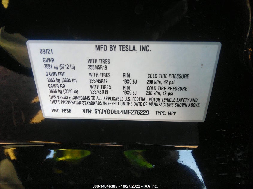 VIN 5YJYGDEE4MF276229 2021 TESLA MODEL Y LONG RANGE
