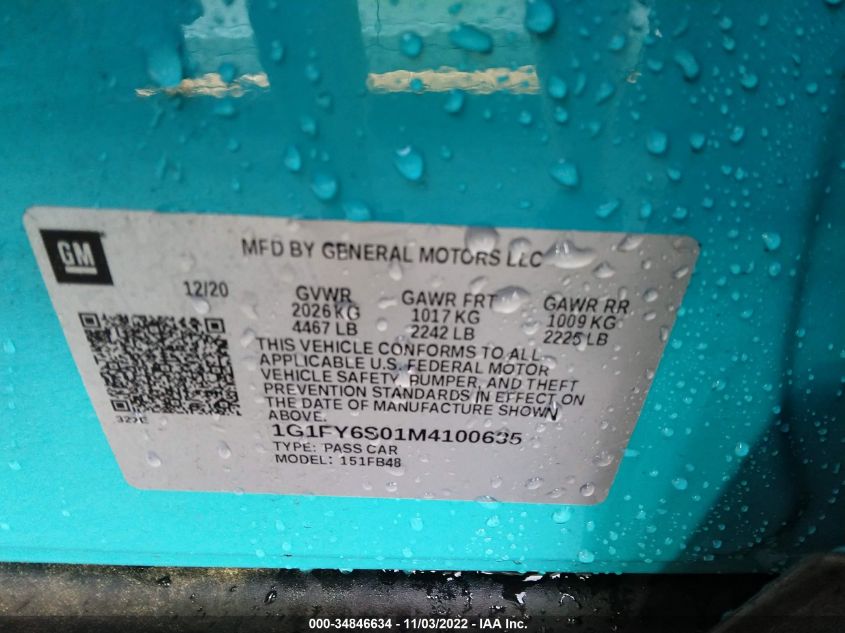 2021 CHEVROLET BOLT EV LT 1G1FY6S01M4100635