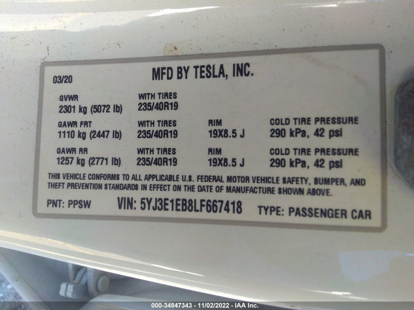 Auction sale of the 2020 Tesla Model 3 , vin: 5YJ3E1EB8LF667418, lot number: 34847343