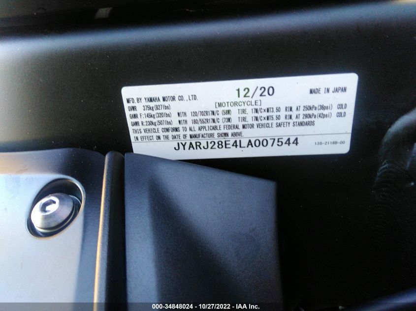 2020 YAMAHA YZFR6 JYARJ28E4LA007544