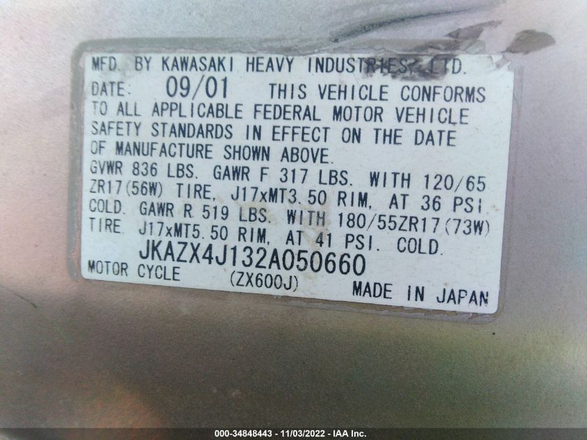 2002 KAWASAKI ZX600 J1 JKAZX4J132A050660