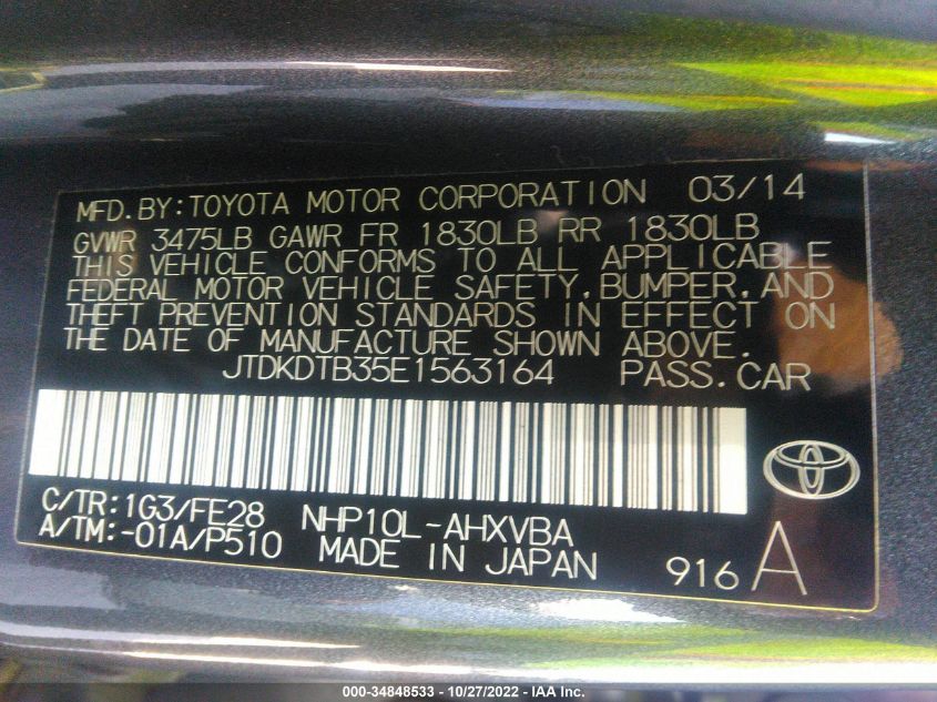 2014 TOYOTA PRIUS C ONE/THREE/TWO/FOUR JTDKDTB35E1563164