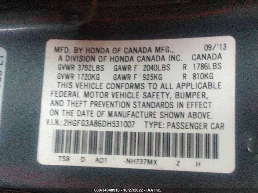 2013 HONDA CIVIC CPE EX 2HGFG3A86DH531007