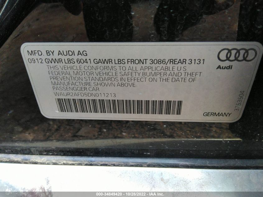 2013 AUDI A8 L 4.0L WAUR2AFD5DN011213