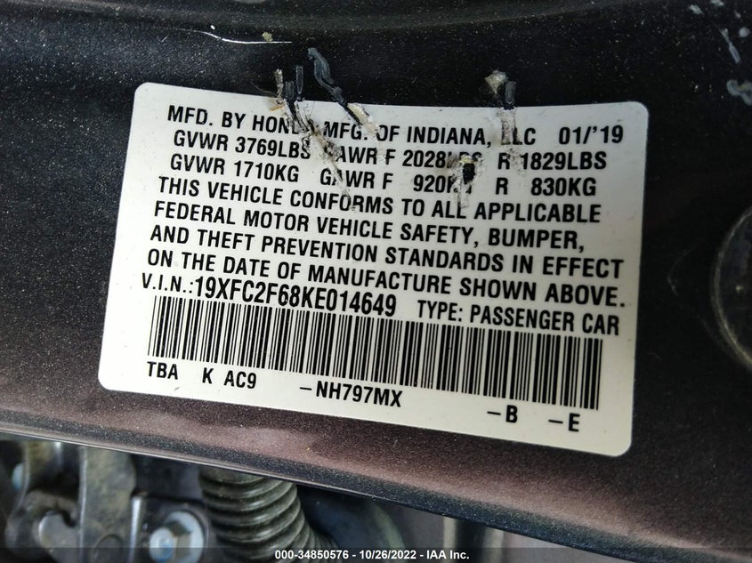 VIN 19XFC2F68KE014649 2019 HONDA CIVIC SEDAN LX