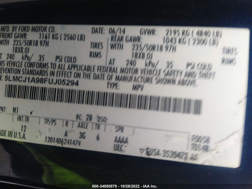 2015 LINCOLN MKC 5LMCJ1A98FUJ05294