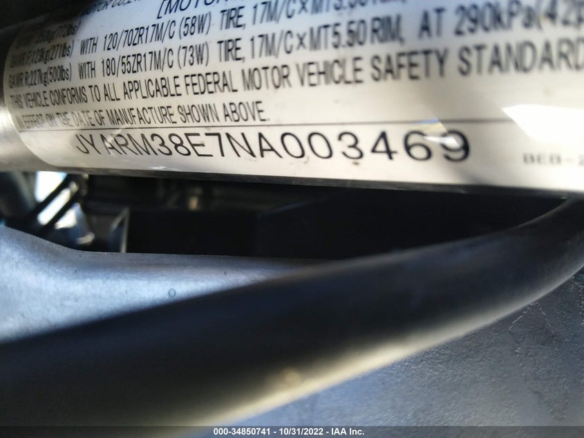 VIN JYARM38E7NA003469 2022 YAMAHA YZFR7