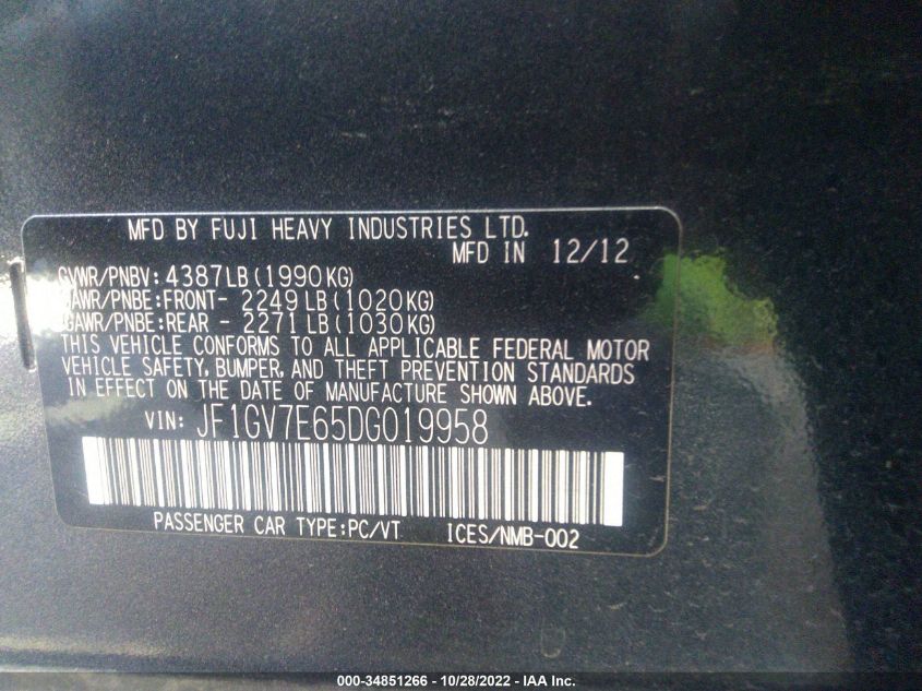 2013 SUBARU IMPREZA SEDAN WRX WRX JF1GV7E65DG019958
