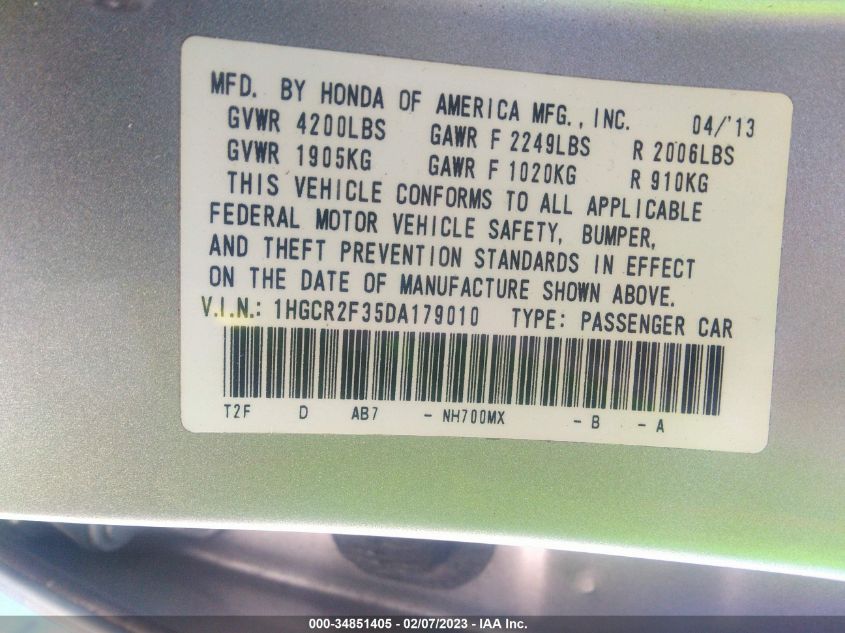 2013 HONDA ACCORD SDN LX 1HGCR2F35DA179010