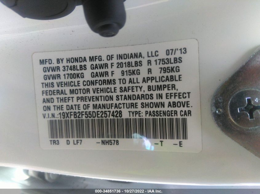 2013 HONDA CIVIC LX - 19XFB2F55DE257428